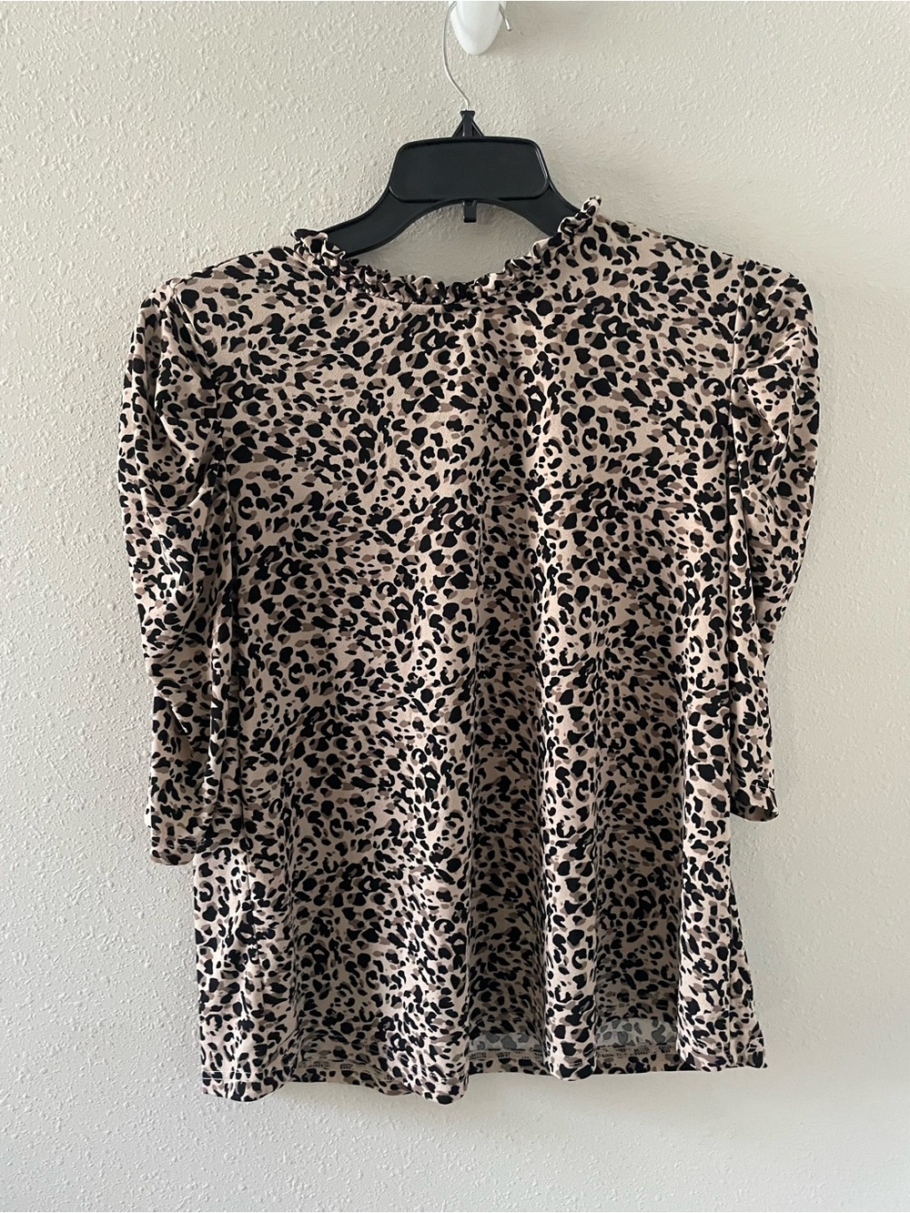 Leopard Print Ruffle Mock Neck Blouse - Beige/Black